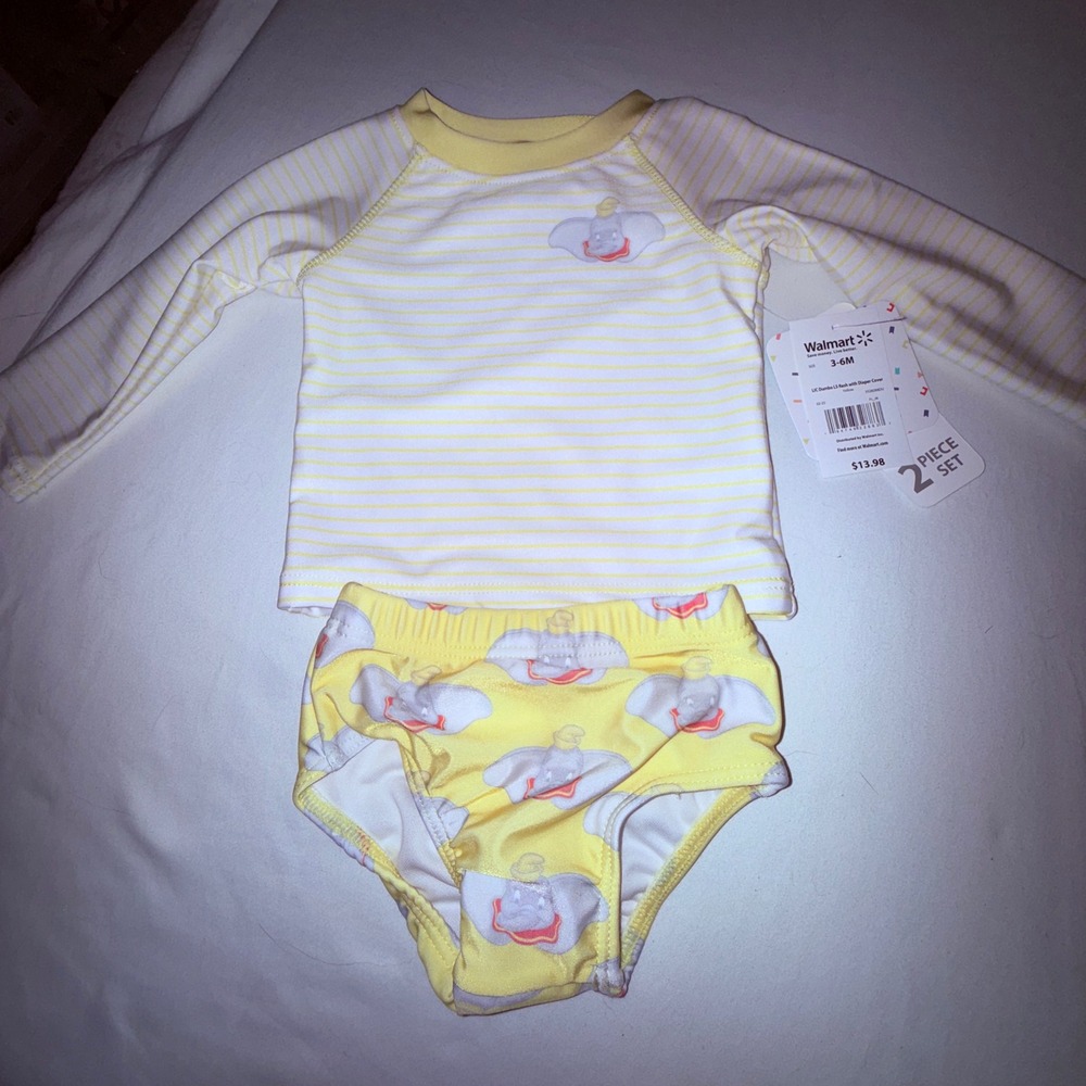 Disney Baby Dumbo Rash Guard Set Kids 3-6M Yellow New UPF 50+ 2pc Swimsuit